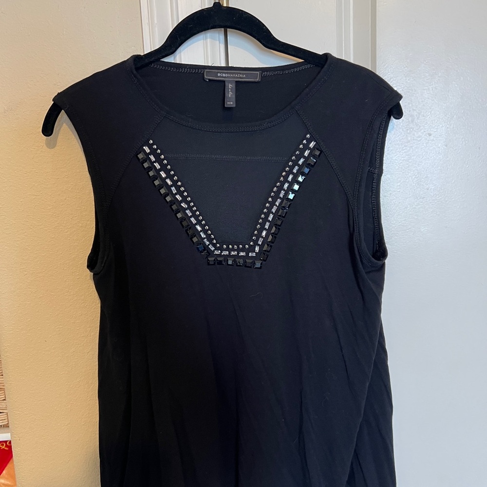 BCBGMaxAzria Elegant Black Blouse with Mesh and Jewel accents